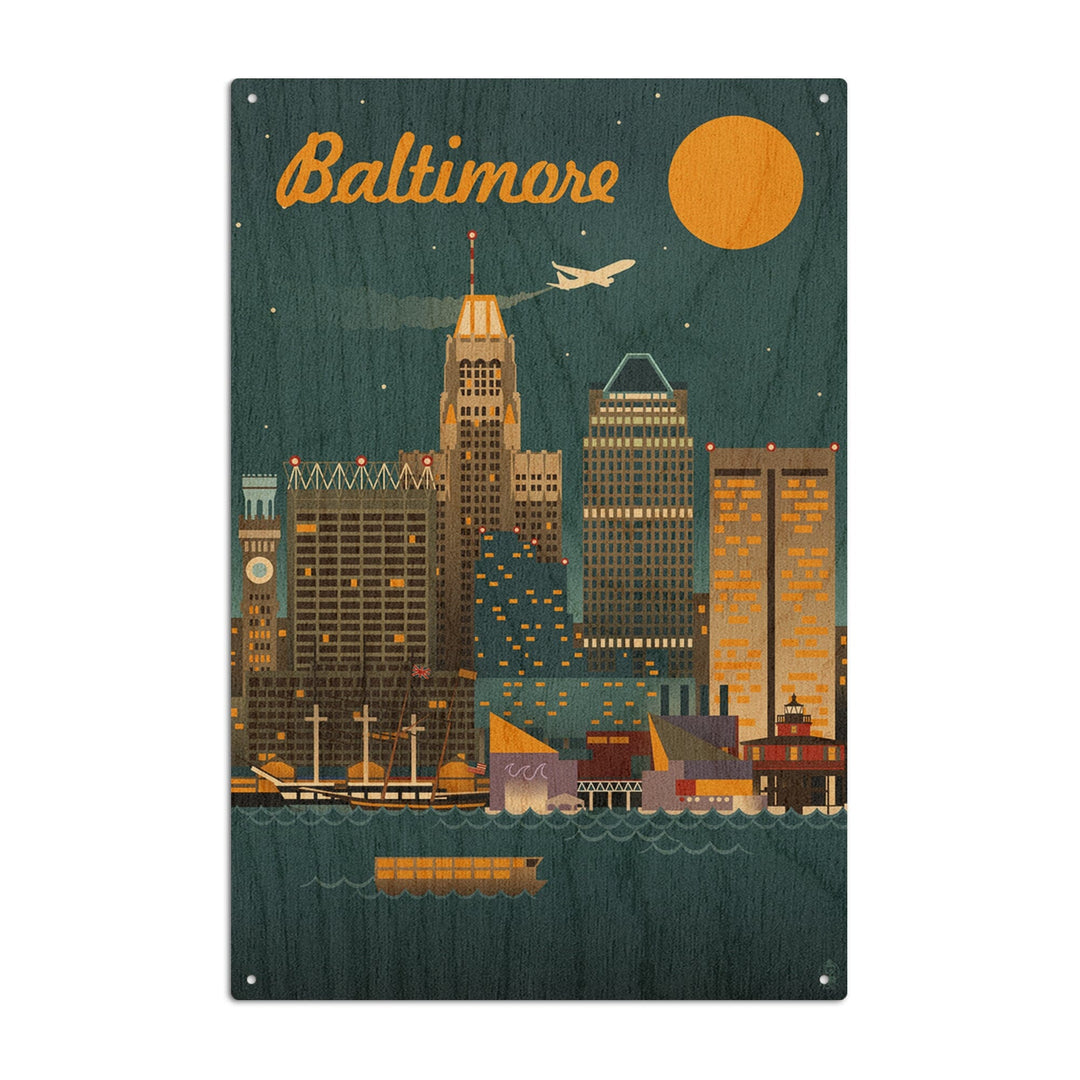 Baltimore, Maryland, Retro Skyline, Lantern Press Artwork, Wood Signs and Postcards Wood Lantern Press 10 x 15 Wood Sign 