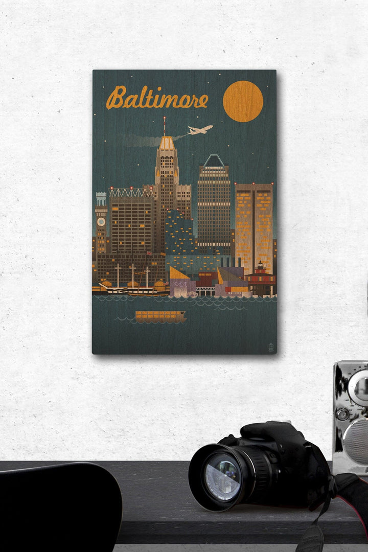Baltimore, Maryland, Retro Skyline, Lantern Press Artwork, Wood Signs and Postcards Wood Lantern Press 12 x 18 Wood Gallery Print 