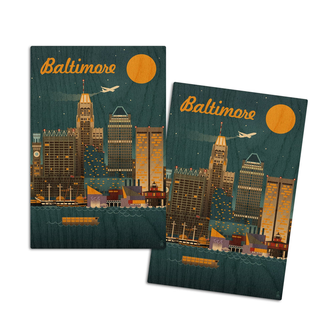 Baltimore, Maryland, Retro Skyline, Lantern Press Artwork, Wood Signs and Postcards Wood Lantern Press 4x6 Wood Postcard Set 