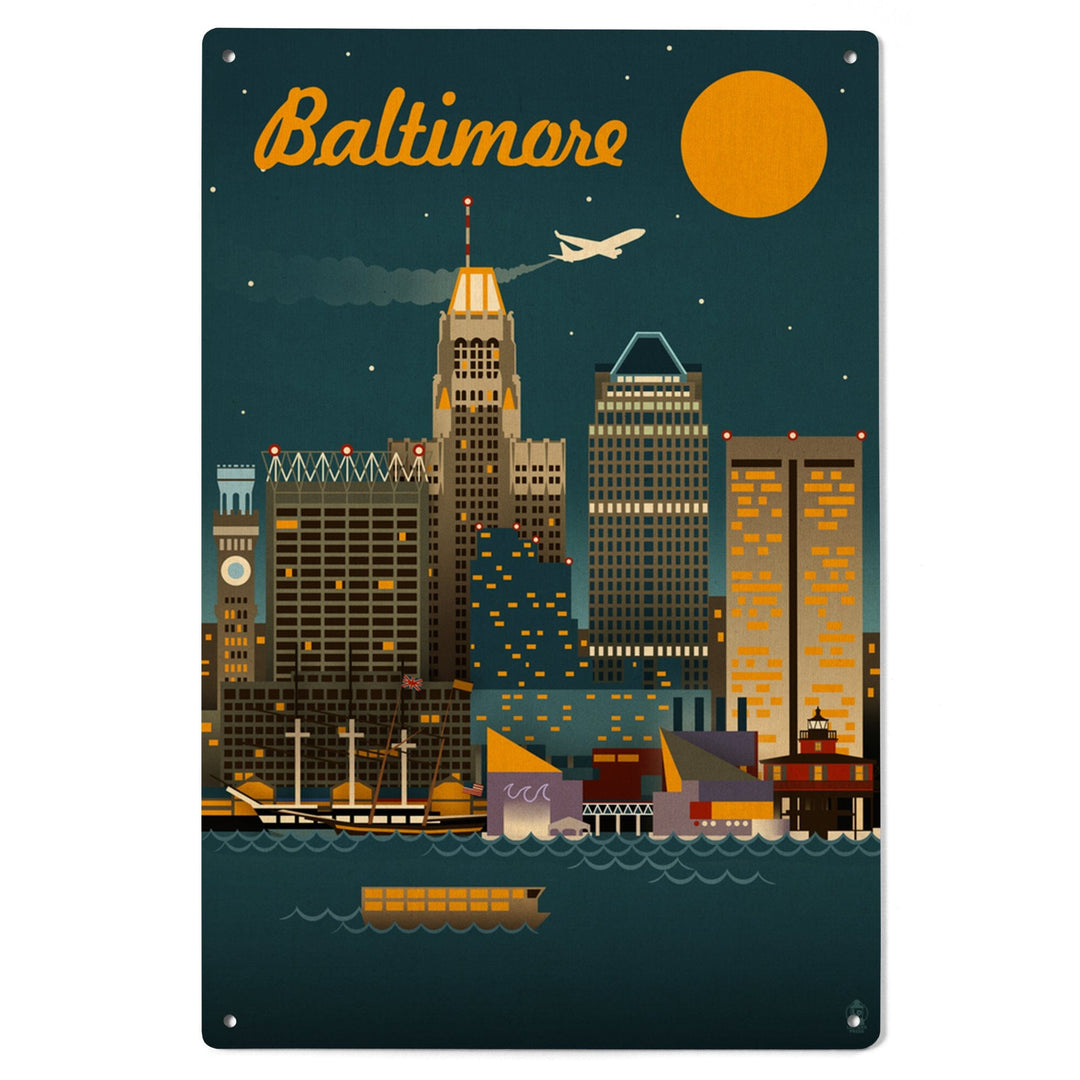 Baltimore, Maryland, Retro Skyline, Lantern Press Artwork, Wood Signs and Postcards Wood Lantern Press 