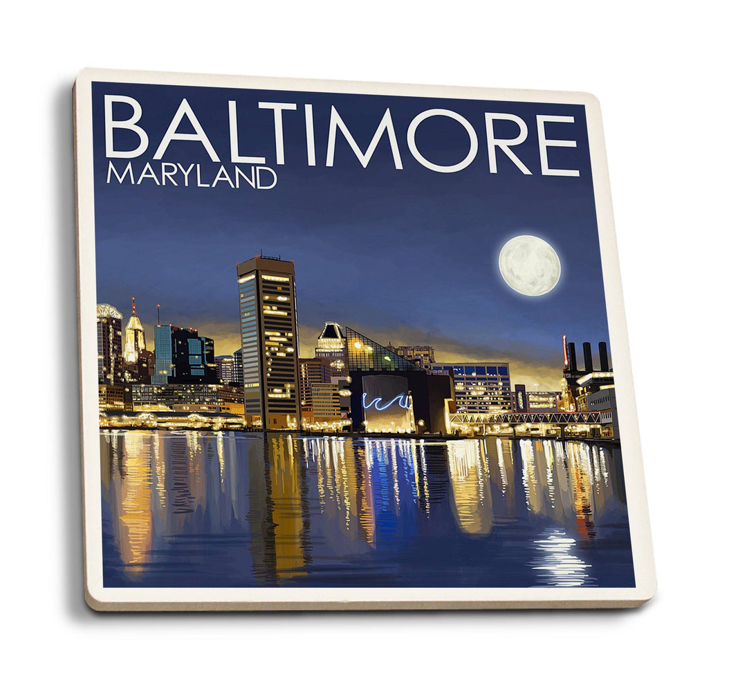 Baltimore, Maryland, Skyline at Night, Lantern Press Photography, Coaster Set Coasters Lantern Press 