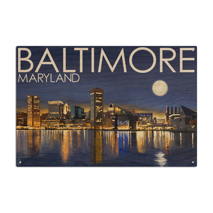 Baltimore, Maryland, Skyline at Night, Lantern Press Photography, Wood Signs and Postcards Wood Lantern Press 10 x 15 Wood Sign 
