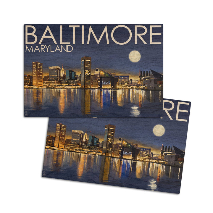 Baltimore, Maryland, Skyline at Night, Lantern Press Photography, Wood Signs and Postcards Wood Lantern Press 4x6 Wood Postcard Set 