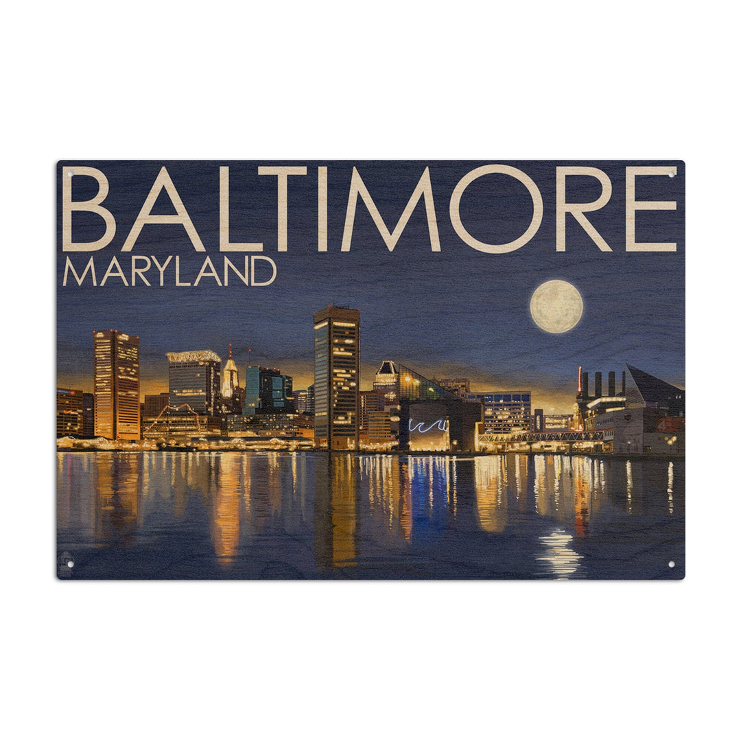 Baltimore, Maryland, Skyline at Night, Lantern Press Photography, Wood Signs and Postcards Wood Lantern Press 6x9 Wood Sign 