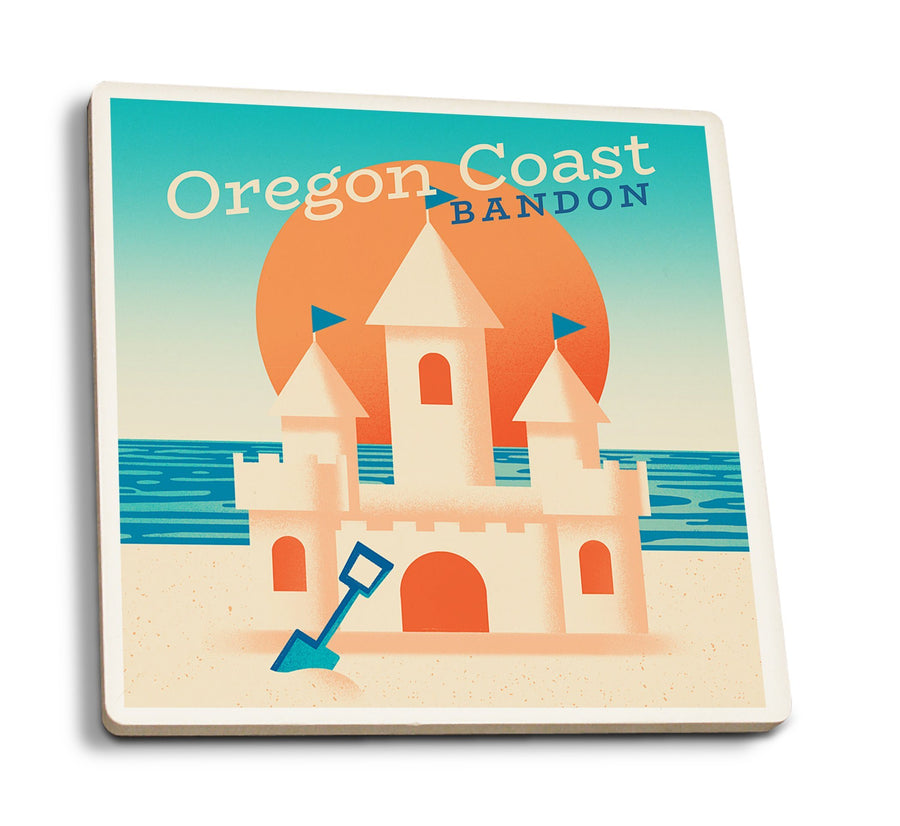Bandon, Oregon, Sun-faded Shoreline Collection, Sand Castle on Beach, Lantern Press Artwork, Coaster Set Coasters Lantern Press 