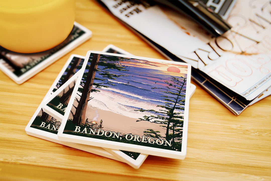 Bandon, Oregon, Sunset & Surfers, Lantern Press Artwork, Coaster Set Coasters Lantern Press 