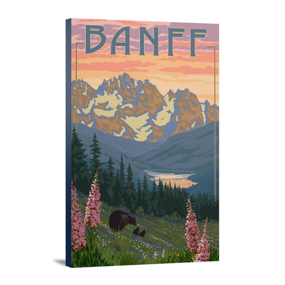 Banff, Alberta, Canada, Bear and Spring Flowers (with border), Lantern Press Artwork, Stretched Canvas Canvas Lantern Press 12x18 Stretched Canvas 
