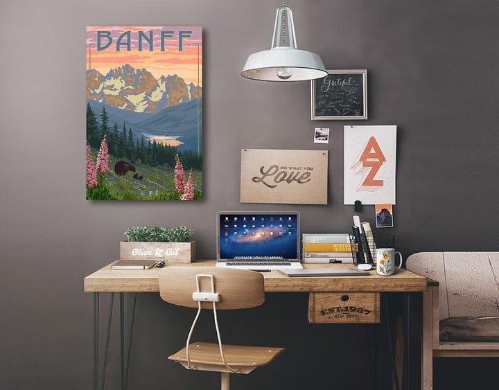 Banff, Alberta, Canada, Bear and Spring Flowers (with border), Lantern Press Artwork, Stretched Canvas Canvas Lantern Press 