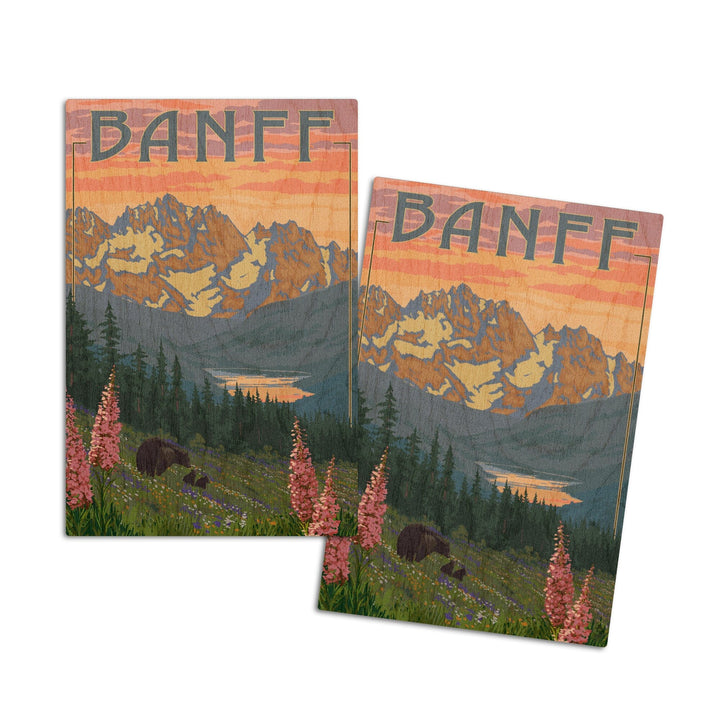 Banff, Alberta, Canada, Bear and Spring Flowers (with border), Lantern Press Artwork, Wood Signs and Postcards Wood Lantern Press 4x6 Wood Postcard Set 