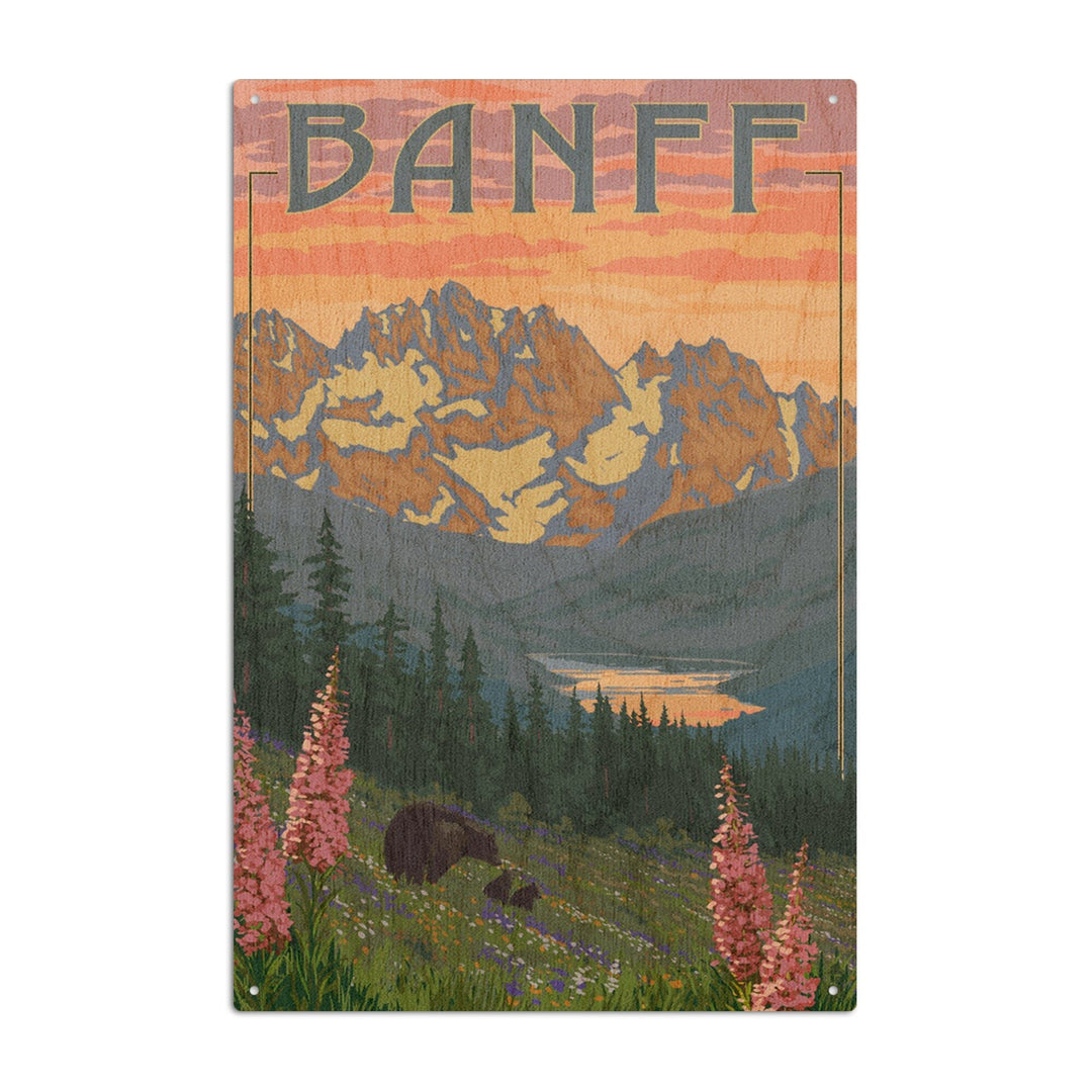 Banff, Alberta, Canada, Bear and Spring Flowers (with border), Lantern Press Artwork, Wood Signs and Postcards Wood Lantern Press 6x9 Wood Sign 