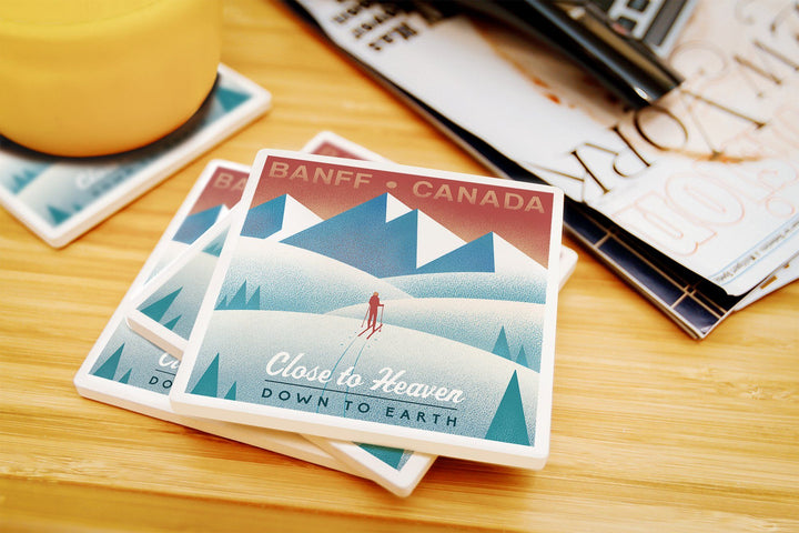 Banff, Canada, Skier In the Mountains, Litho, Lantern Press Artwork, Coaster Set Coasters Lantern Press 