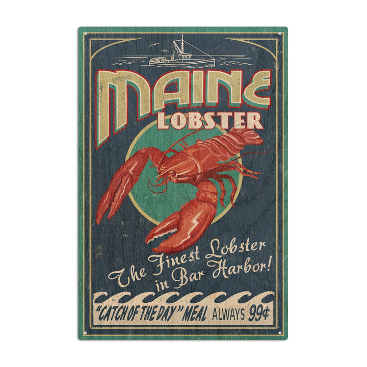 Bar Harbor, Maine, Lobster Vintage Sign, Lantern Press Artwork, Wood Signs and Postcards Wood Lantern Press 10 x 15 Wood Sign 
