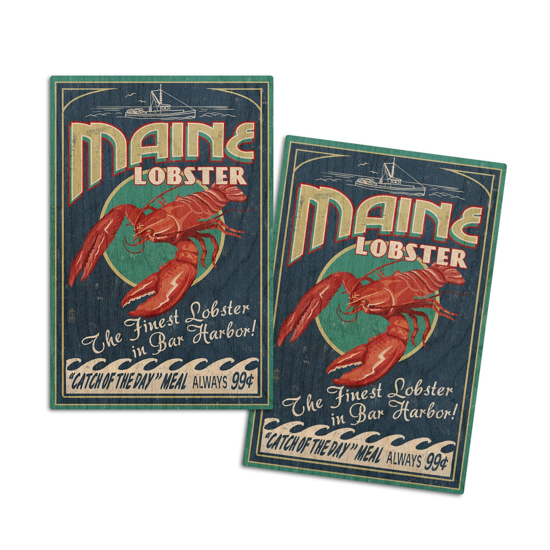 Bar Harbor, Maine, Lobster Vintage Sign, Lantern Press Artwork, Wood Signs and Postcards Wood Lantern Press 4x6 Wood Postcard Set 