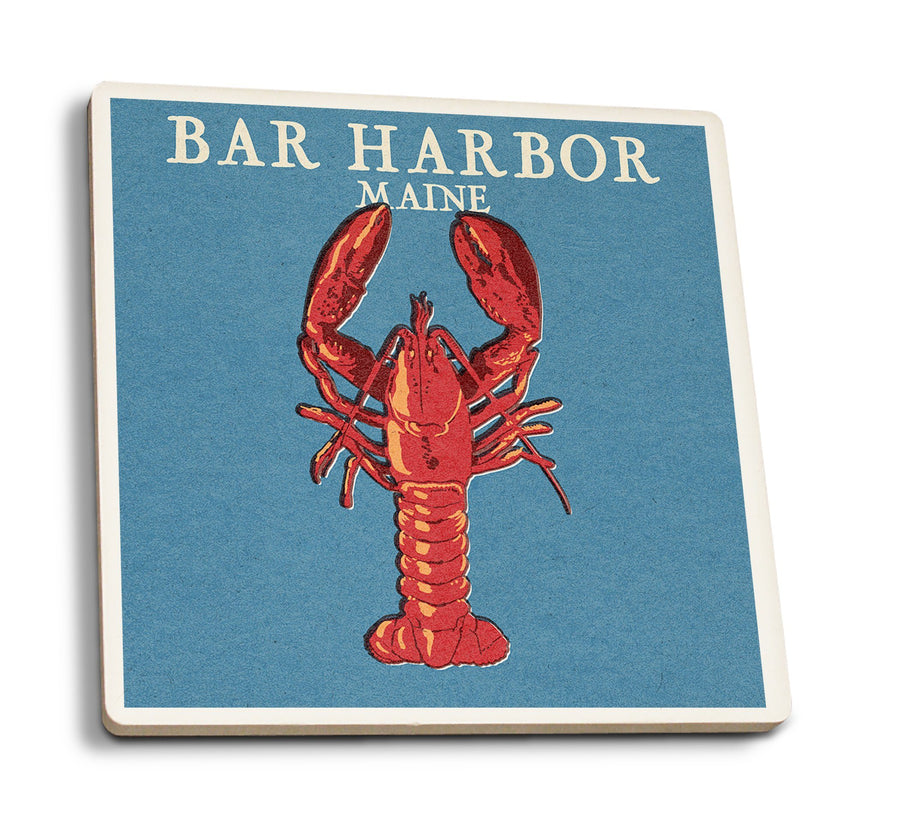 Bar Harbor, Maine, Lobster Woodblock, Lantern Press Artwork, Coaster Set Coasters Lantern Press 