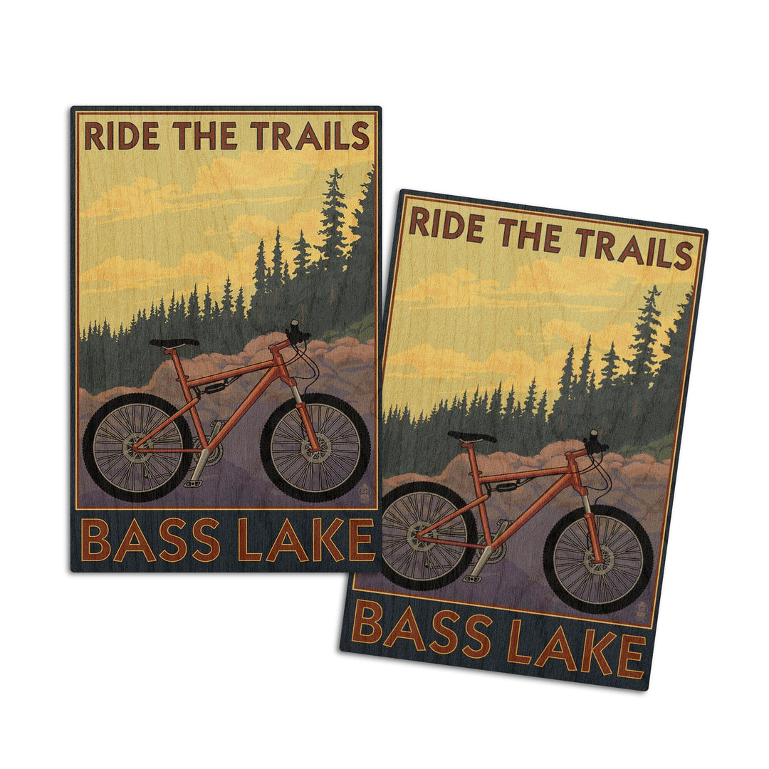 Bass Lake, California, Ride the Trails, Lantern Press Original Poster, Wood Signs and Postcards Wood Lantern Press 4x6 Wood Postcard Set 