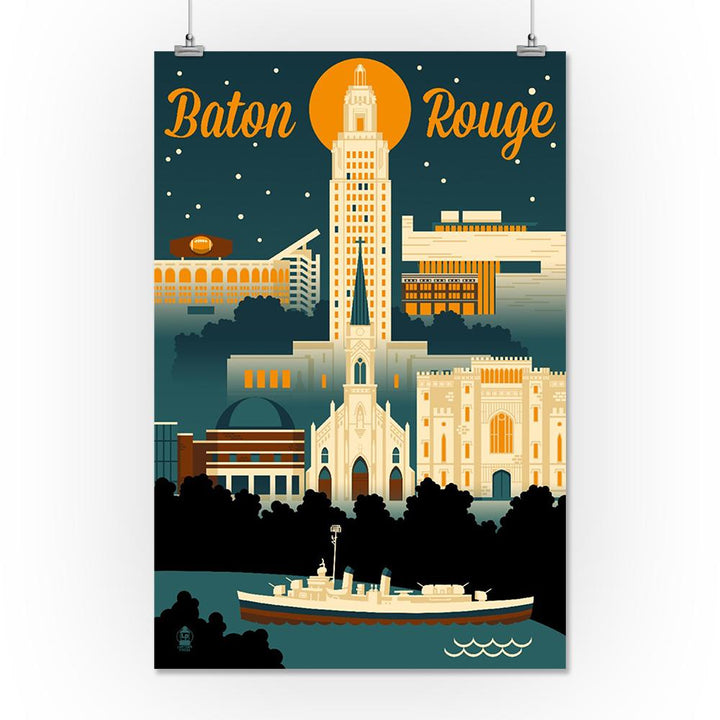 Baton Rouge, Louisiana, Retro Skyline, Lantern Press Artwork, Art Prints and Metal Signs Art Lantern Press 16 x 24 Giclee Print 