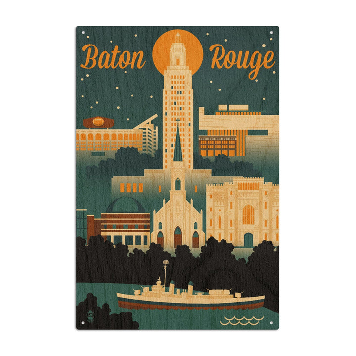 Baton Rouge, Louisiana, Retro Skyline, Lantern Press Artwork, Wood Signs and Postcards Wood Lantern Press 10 x 15 Wood Sign 