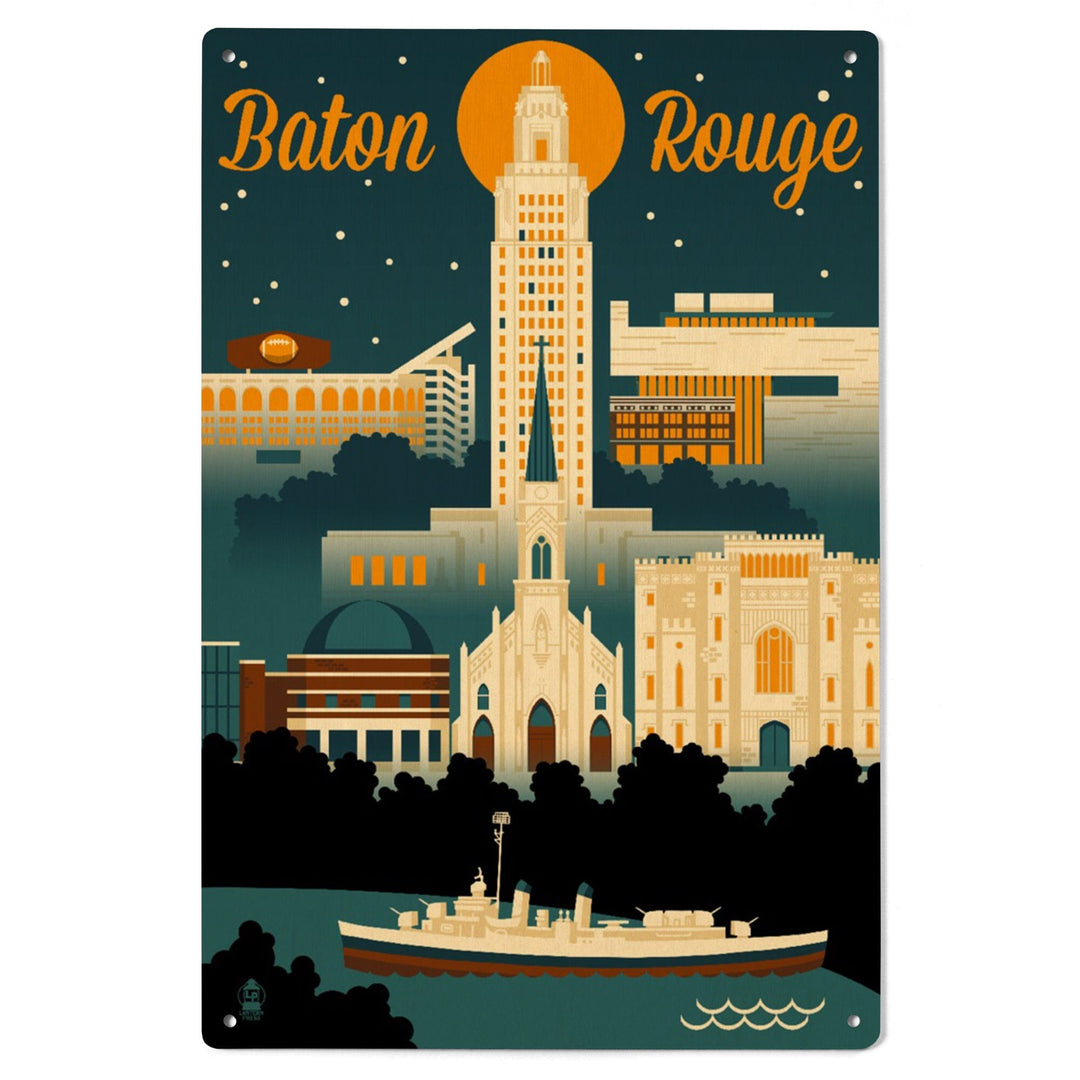 Baton Rouge, Louisiana, Retro Skyline, Lantern Press Artwork, Wood Signs and Postcards Wood Lantern Press 