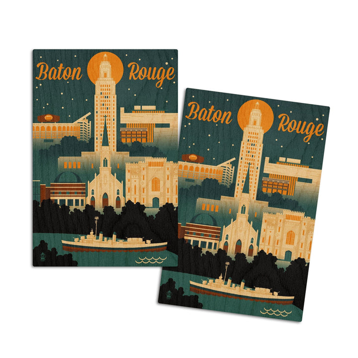 Baton Rouge, Louisiana, Retro Skyline, Lantern Press Artwork, Wood Signs and Postcards Wood Lantern Press 4x6 Wood Postcard Set 
