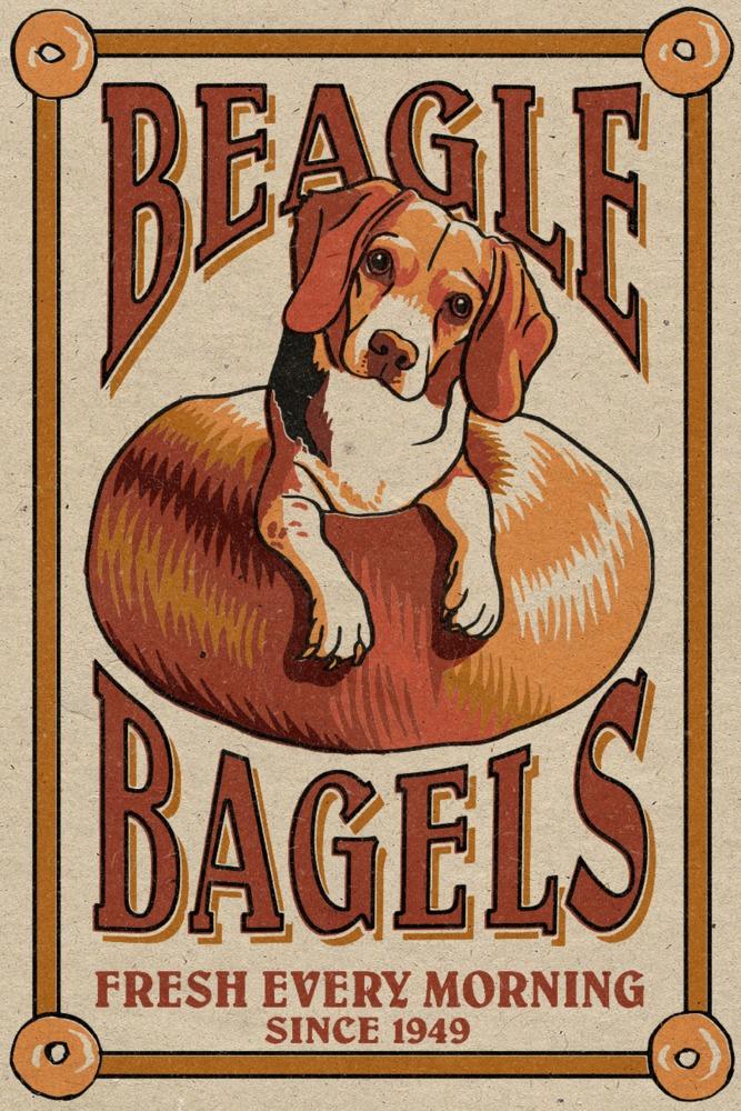 Beagle Bagels, Retro Ad, Lantern Press Artwork, Art Prints and Metal Signs Art Lantern Press 12 x 18 Art Print 