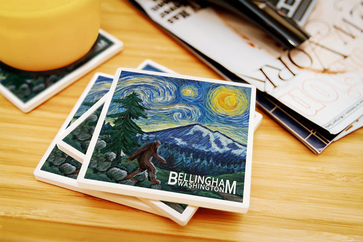 Bellingham, Washington, Bigfoot, Starry Night, Lantern Press Artwork, Coaster Set Coasters Lantern Press 