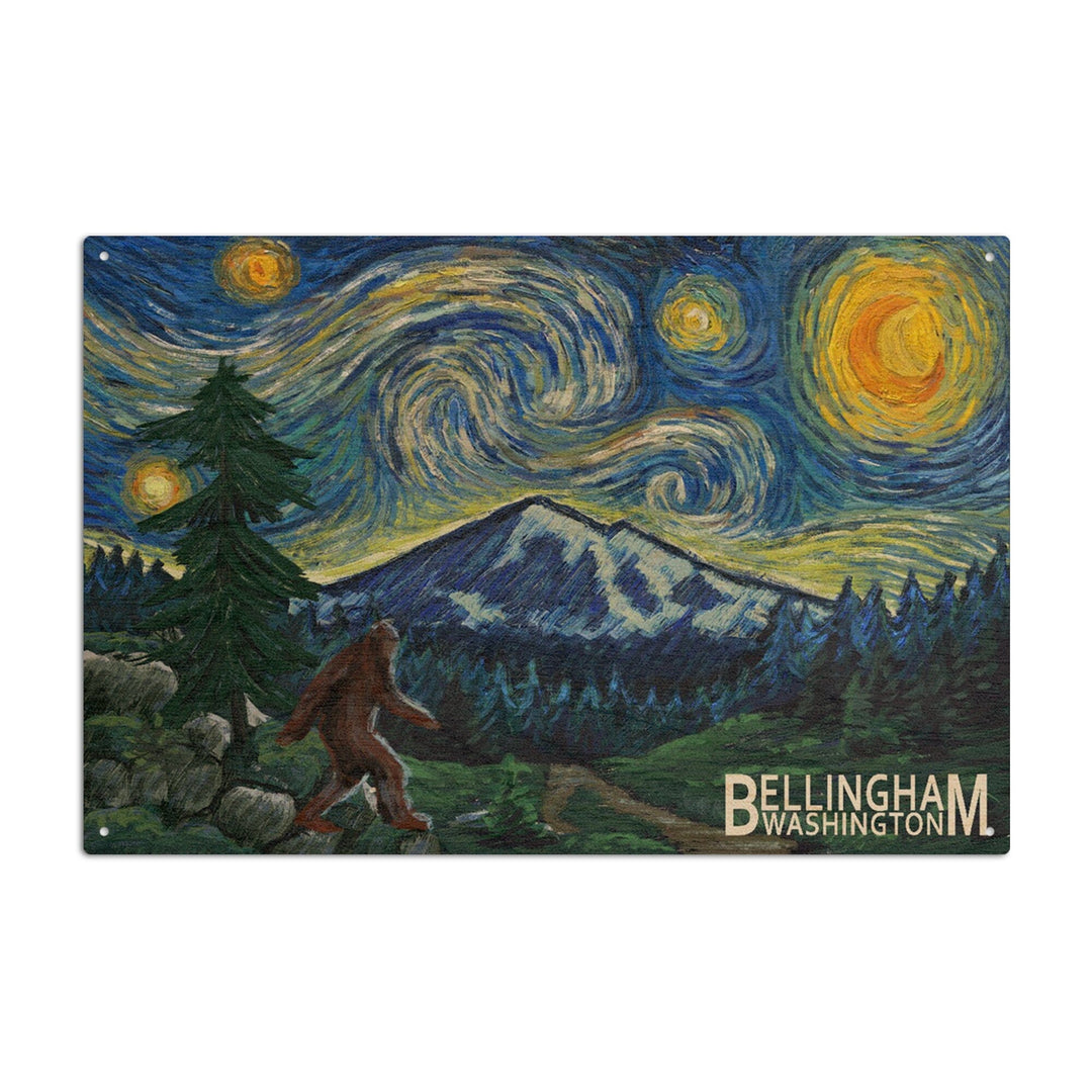 Bellingham, Washington, Bigfoot, Starry Night, Lantern Press Artwork, Wood Signs and Postcards Wood Lantern Press 6x9 Wood Sign 