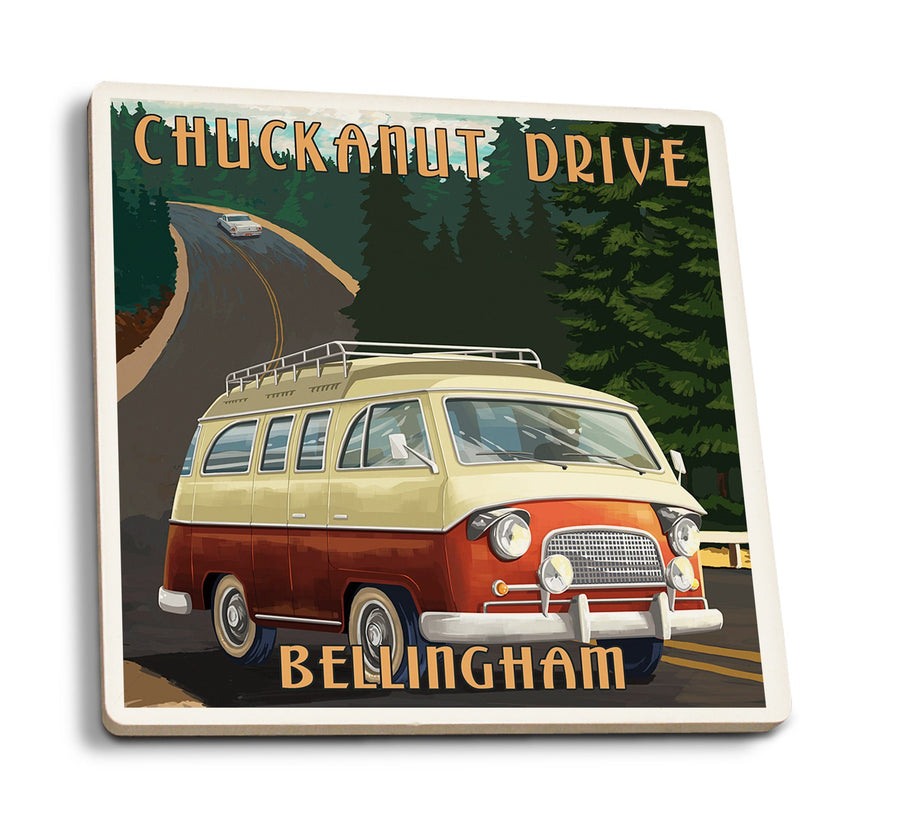 Bellingham, Washington, Chuckanut Drive, Camper Van, Lantern Press Artwork, Coaster Set Coasters Lantern Press 
