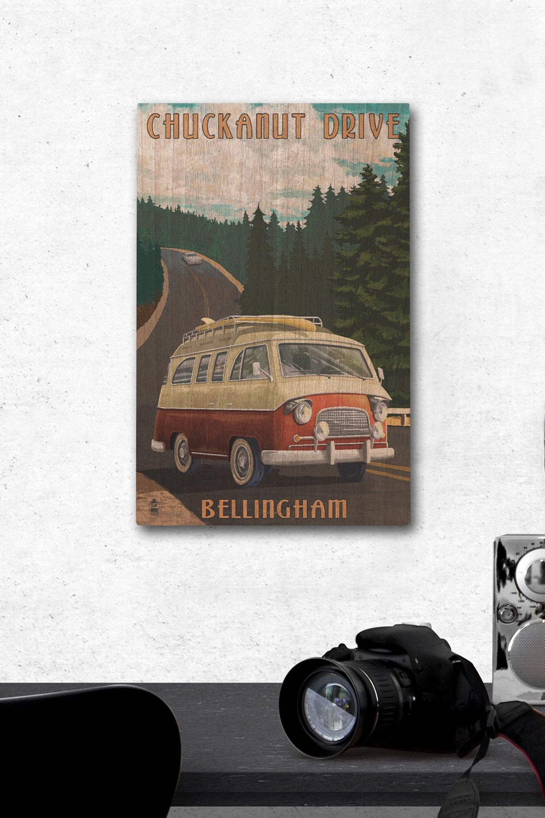 Bellingham, Washington, Chuckanut Drive, Camper Van, Lantern Press Artwork, Wood Signs and Postcards Wood Lantern Press 12 x 18 Wood Gallery Print 