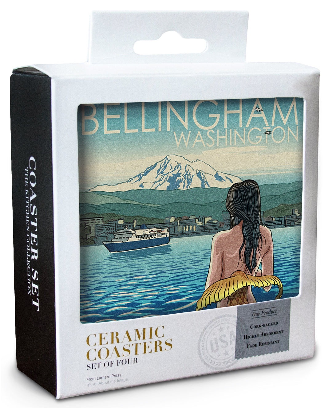 Bellingham, Washington, Mermaid & Mount Baker, Lantern Press Artwork, Coaster Set Coasters Lantern Press 