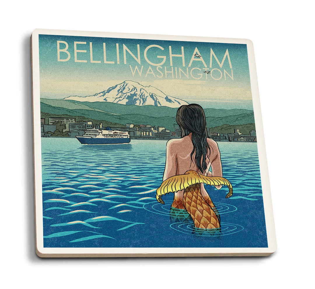 Bellingham, Washington, Mermaid & Mount Baker, Lantern Press Artwork, Coaster Set Coasters Lantern Press 