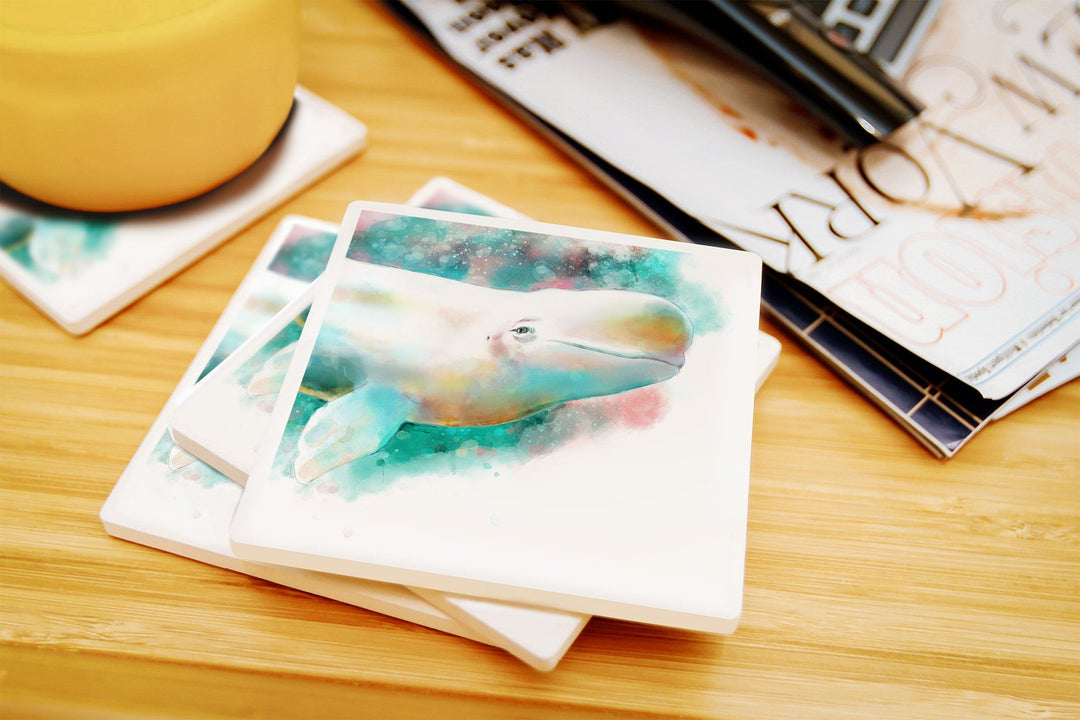 Beluga Whale, Watercolor, Lantern Press Artwork, Coaster Set Coasters Lantern Press 