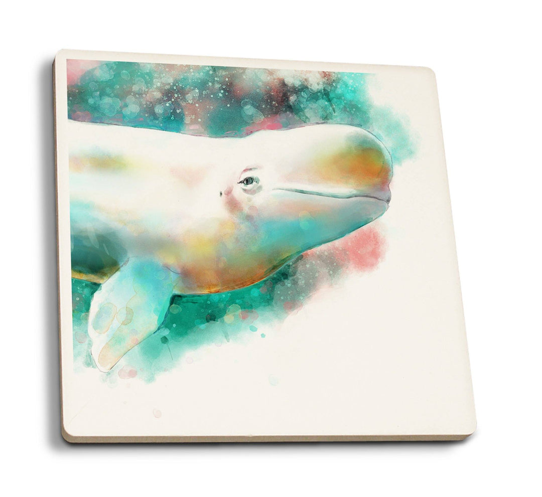 Beluga Whale, Watercolor, Lantern Press Artwork, Coaster Set Coasters Lantern Press 