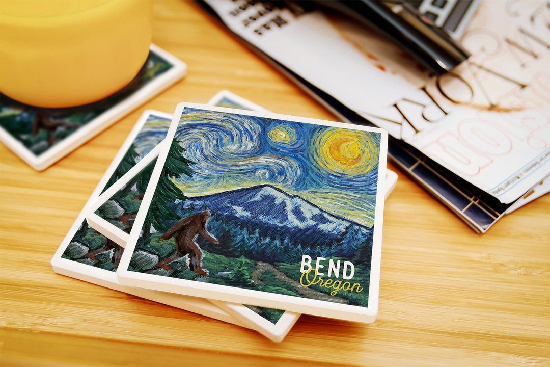 Bend, Oregon, Bigfoot, Starry Night, Lantern Press Artwork, Coaster Set Coasters Lantern Press 