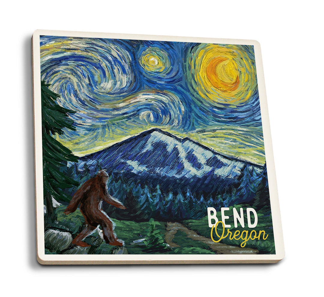 Bend, Oregon, Bigfoot, Starry Night, Lantern Press Artwork, Coaster Set Coasters Lantern Press 