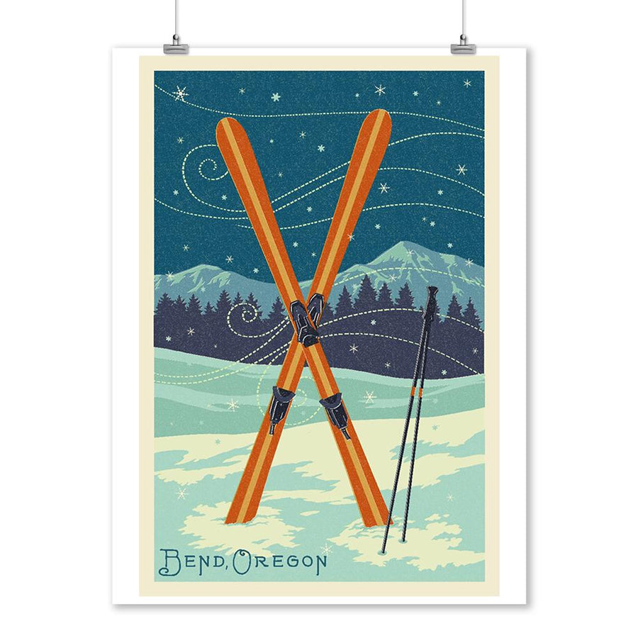 Bend, Oregon, Crossed Skis, Letterpress, Lantern Press Artwork, Art Prints and Metal Signs Art Lantern Press 
