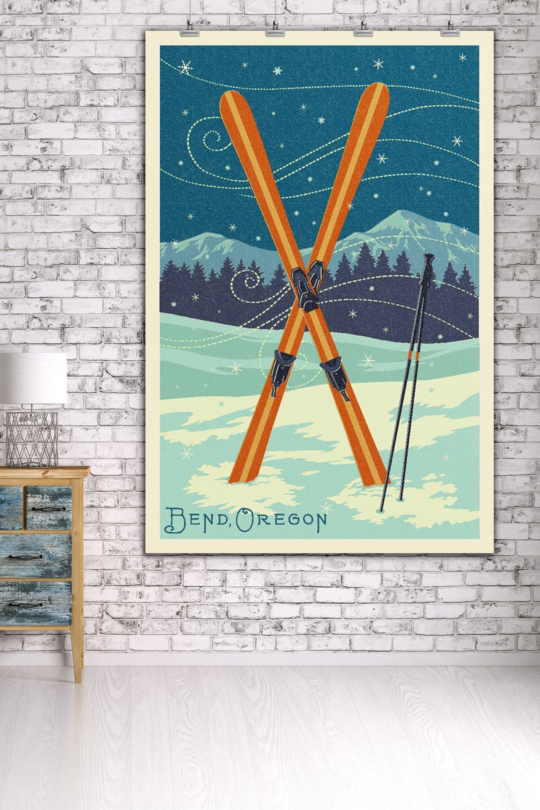 Bend, Oregon, Crossed Skis, Letterpress, Lantern Press Artwork, Art Prints and Metal Signs Art Lantern Press 