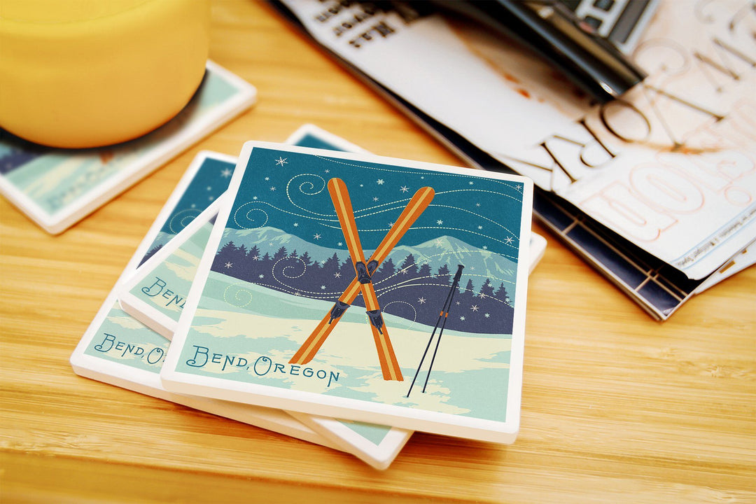 Bend, Oregon, Crossed Skis, Letterpress, Lantern Press Artwork, Coaster Set Coasters Lantern Press 