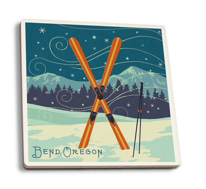 Bend, Oregon, Crossed Skis, Letterpress, Lantern Press Artwork, Coaster Set Coasters Lantern Press 