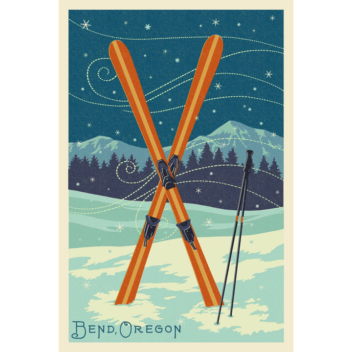 Bend, Oregon, Crossed Skis, Letterpress, Lantern Press Artwork, Towels and Aprons Kitchen Lantern Press 