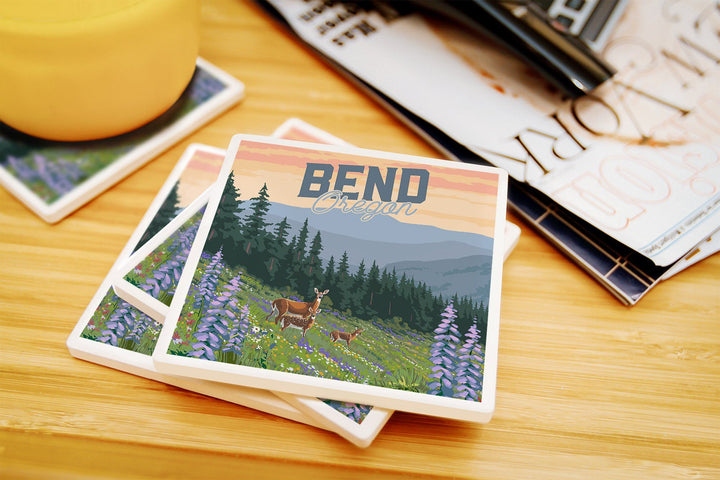 Bend, Oregon, Deer & Spring Flowers, Lantern Press Artwork, Coaster Set Coasters Lantern Press 