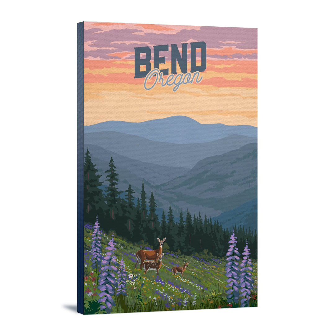 Bend, Oregon, Deer & Spring Flowers, Lantern Press Artwork, Stretched Canvas Canvas Lantern Press 12x18 Stretched Canvas 