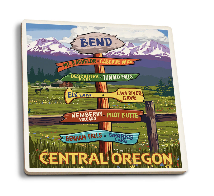 Bend, Oregon, Destination Signpost, Lantern Press Artwork, Coaster Set Coasters Lantern Press 