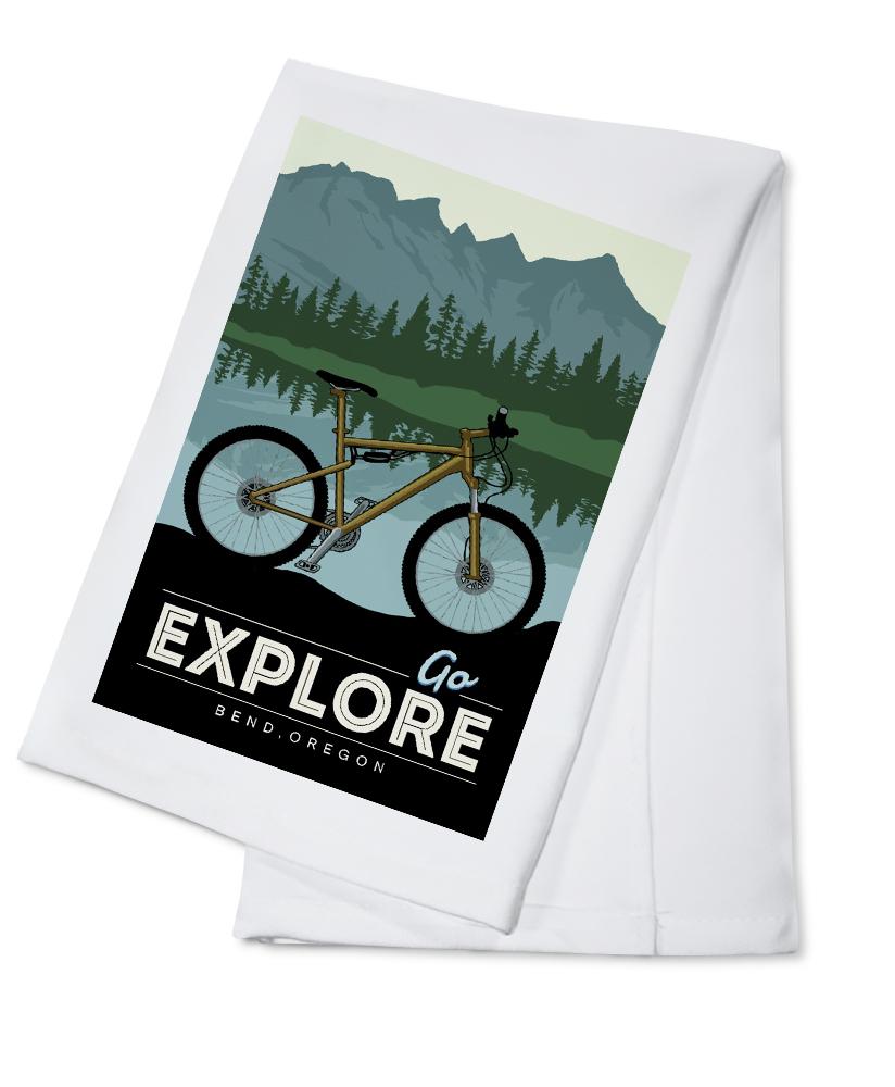 Bend, Oregon, Go Explore, Bike, Lantern Press Artwork, Towels and Aprons Kitchen Lantern Press Cotton Towel 