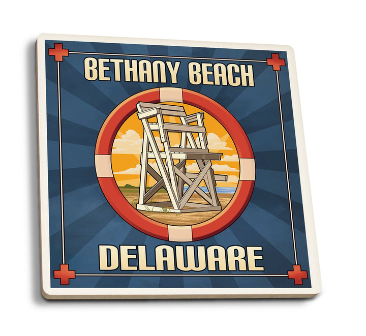Bethany Beach, Delaware, Lifeguard Chair, Lantern Press Artwork, Coaster Set Coasters Lantern Press 