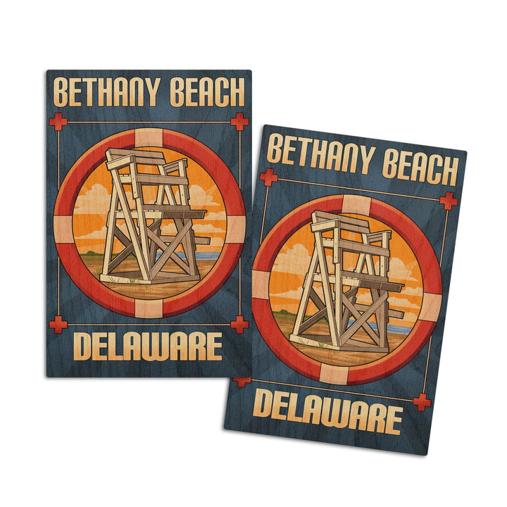 Bethany Beach, Delaware, Lifeguard Chair, Lantern Press Artwork, Wood Signs and Postcards Wood Lantern Press 4x6 Wood Postcard Set 