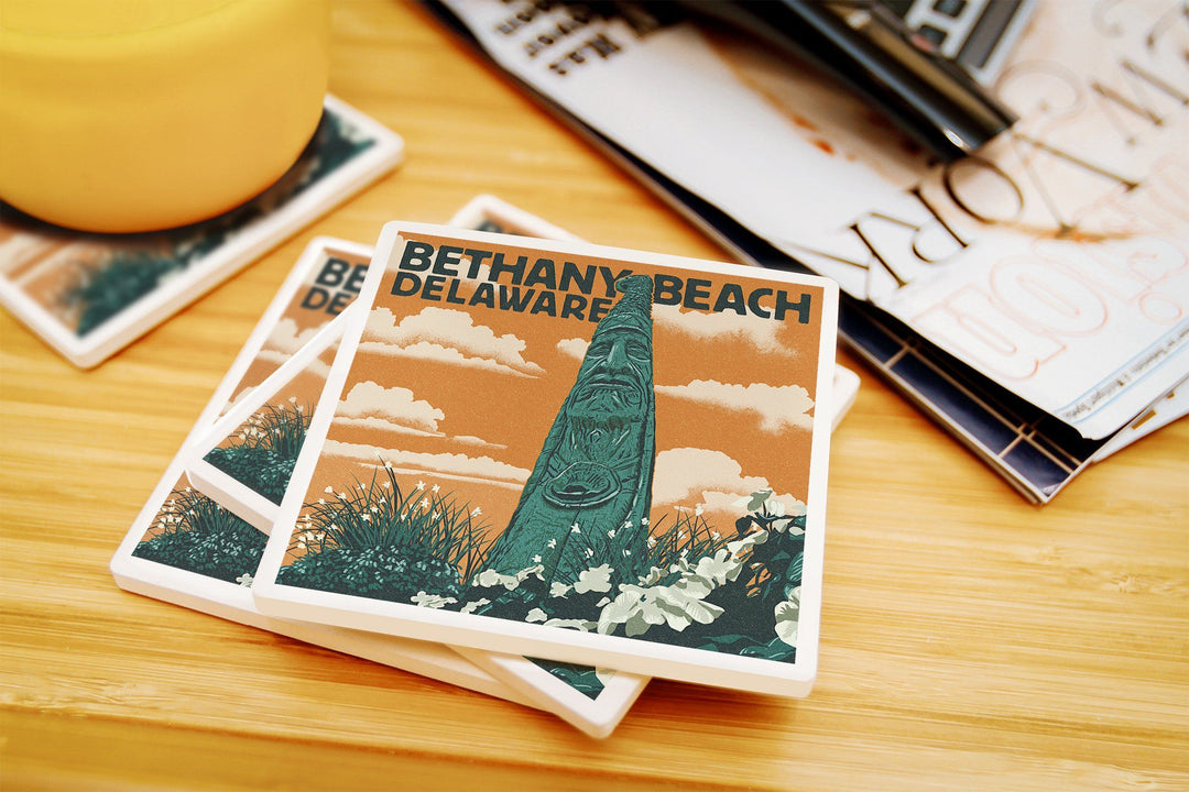 Bethany Beach, Delaware, Totem Pole, Letterpress, Lantern Press Artwork, Coaster Set Coasters Lantern Press 