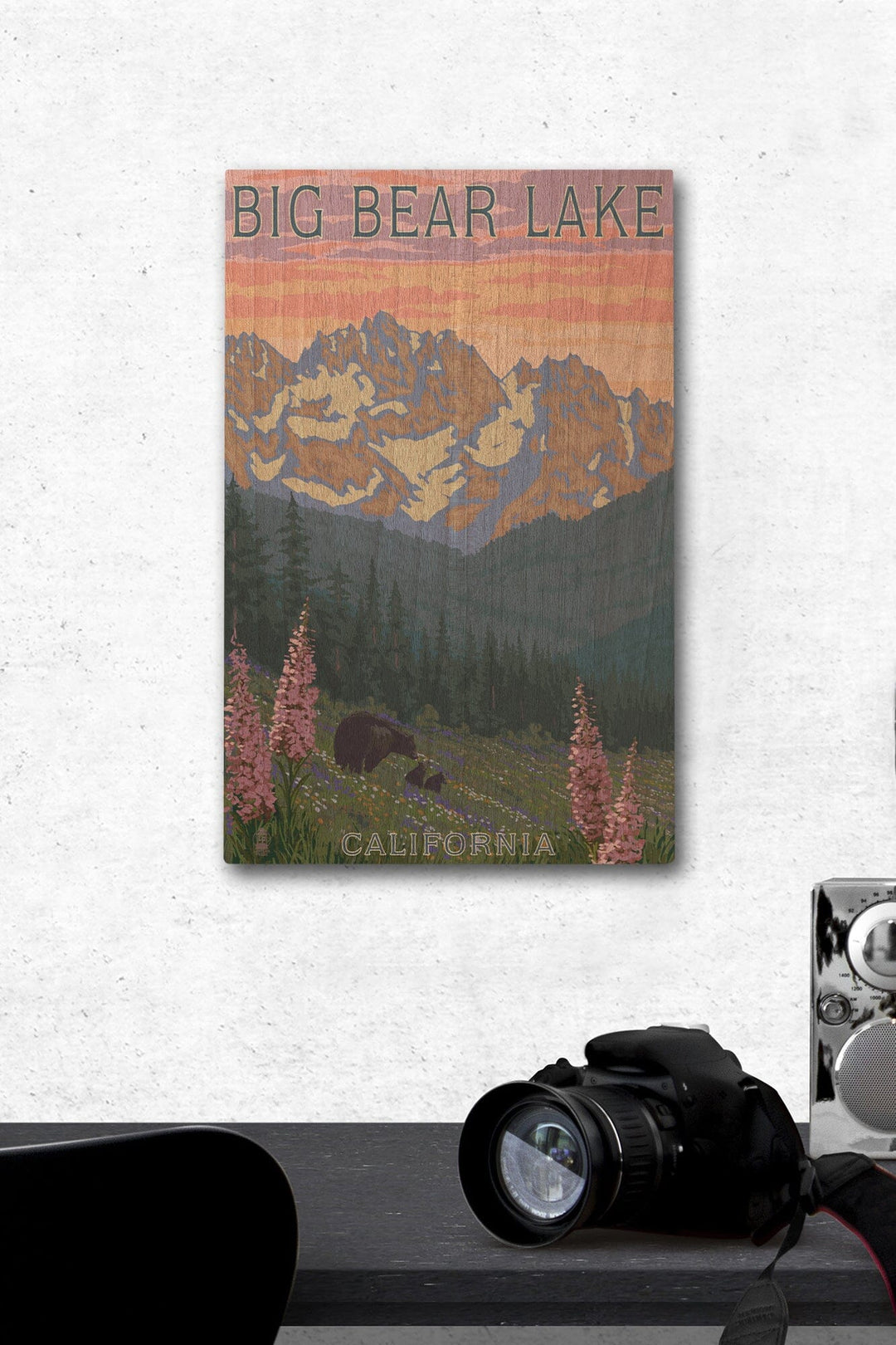 Big Bear Lake, California, Bear and Spring Flowers, Lantern Press Artwork, Wood Signs and Postcards Wood Lantern Press 12 x 18 Wood Gallery Print 