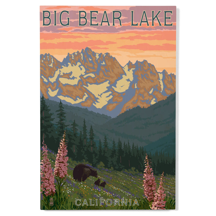 Big Bear Lake, California, Bear and Spring Flowers, Lantern Press Artwork, Wood Signs and Postcards Wood Lantern Press 