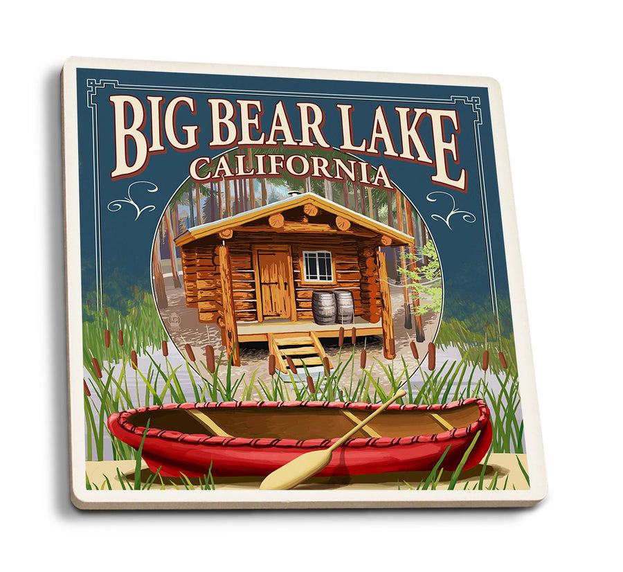 Big Bear Lake, California, Cabin in Woods Montage, Lantern Press Artwork, Coaster Set Coasters Lantern Press 