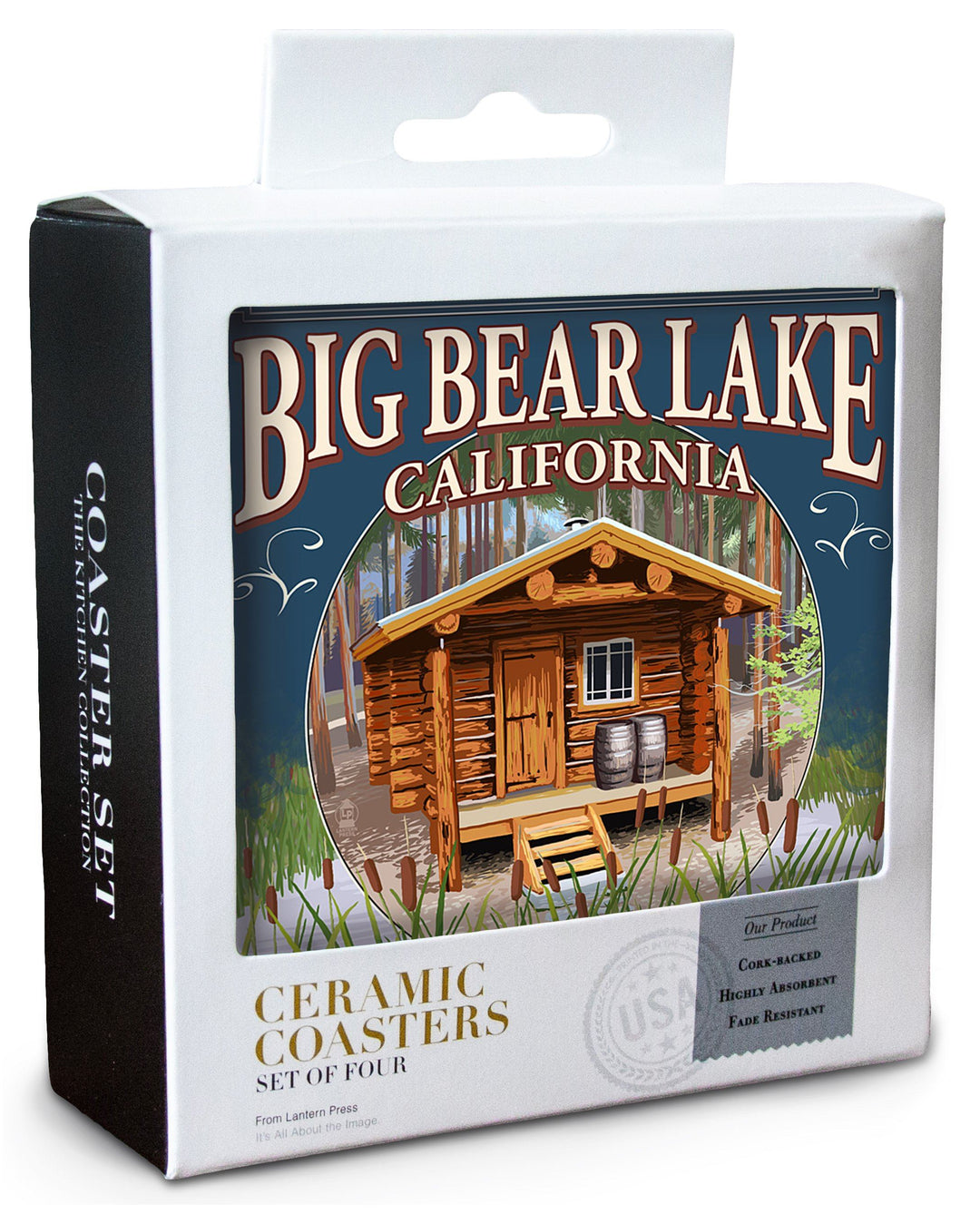 Big Bear Lake, California, Cabin in Woods Montage, Lantern Press Artwork, Coaster Set Coasters Lantern Press 